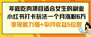 年底吃肉项目适合女生的副业小红书打卡玩法一个月涨粉6万+变现能力强+单月收益5位数【揭秘】-云帆项目库