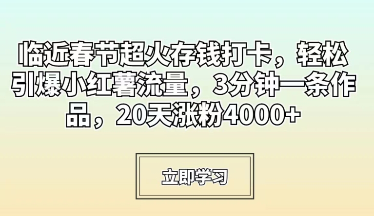 临近春节超火存钱打卡，轻松引爆小红薯流量，3分钟一条作品，20天涨粉4000+【揭秘】-云帆项目库